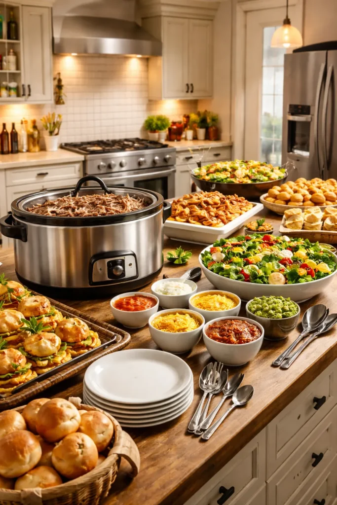 Concept montage of crowd-friendly cooking with a large slow cooker and self-serve setup