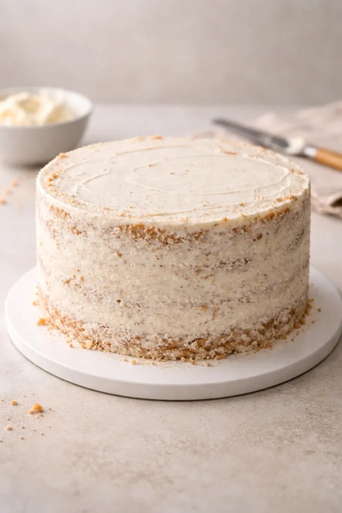 Cake with a thin, rough crumb coat layer