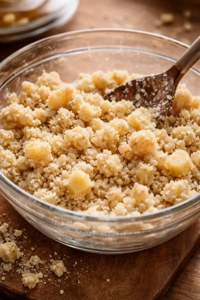 Close-up of crumble topping in a bowl on a wooden counter