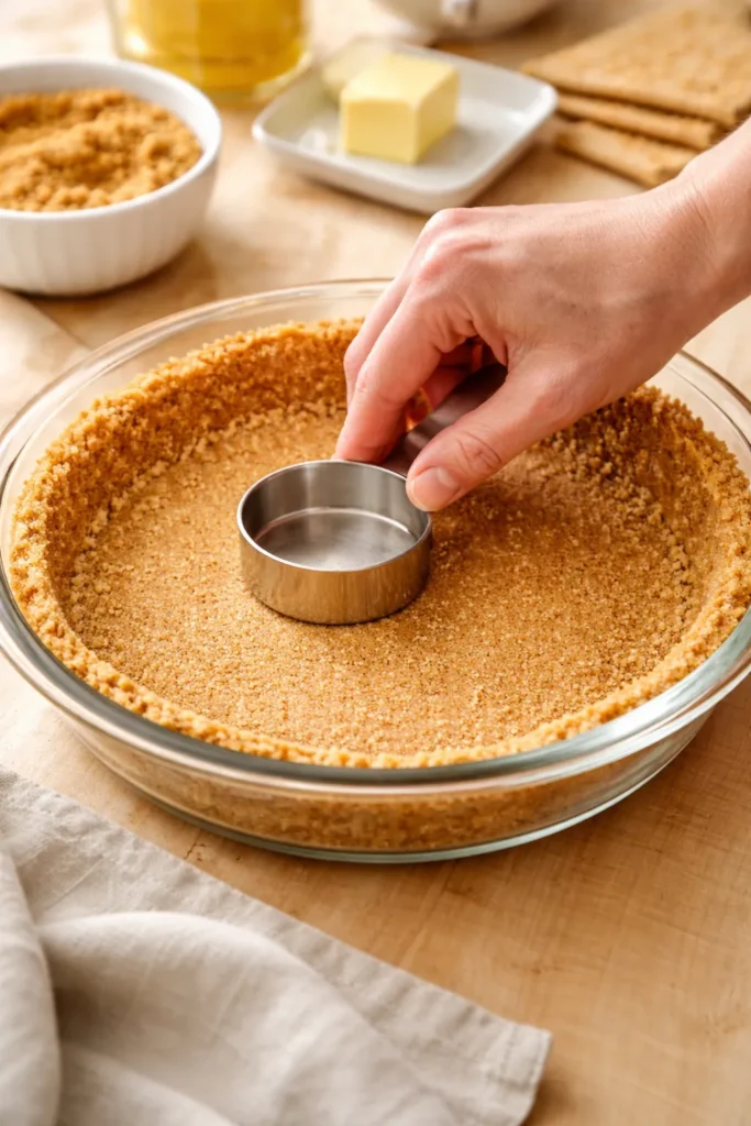 Hand pressing crust into pie plate with measuring cup for smooth, compact crust