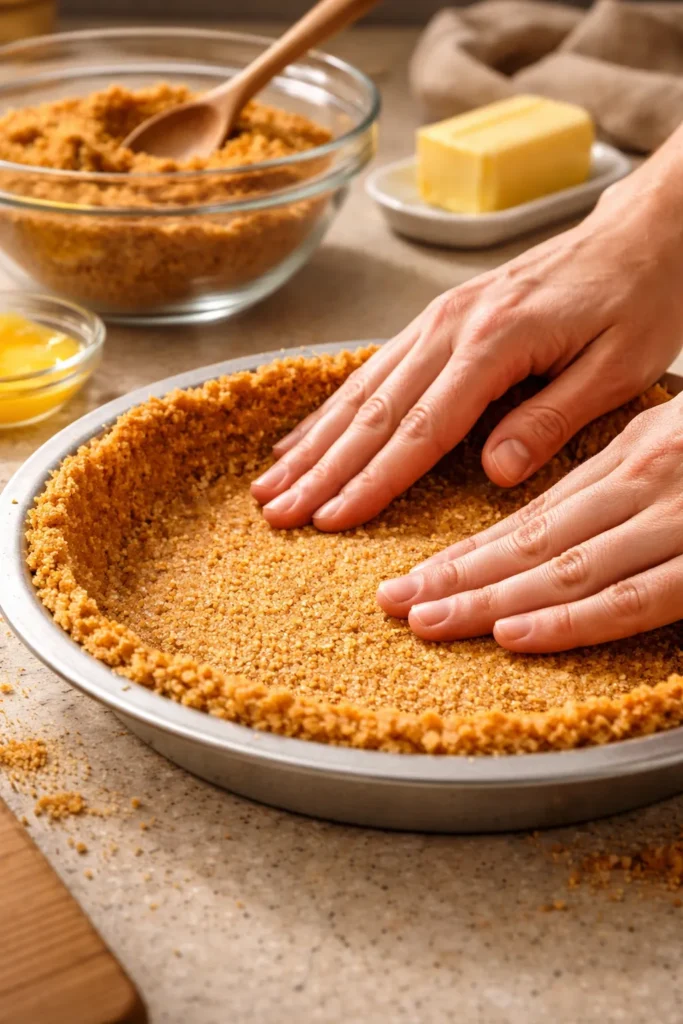Hands pressing graham cracker crumbs into a pie pan with melted butter