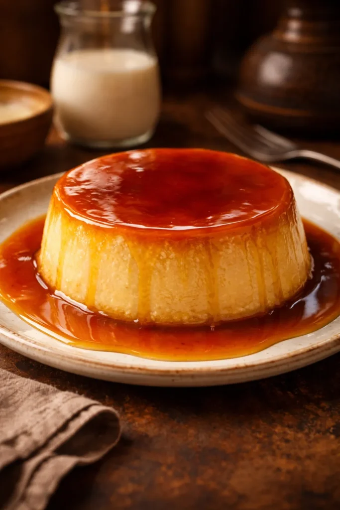 Cuban flan custard with caramel sauce on a plate