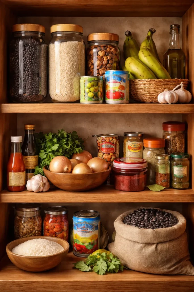 Open pantry with Cuban staples arranged on shelves