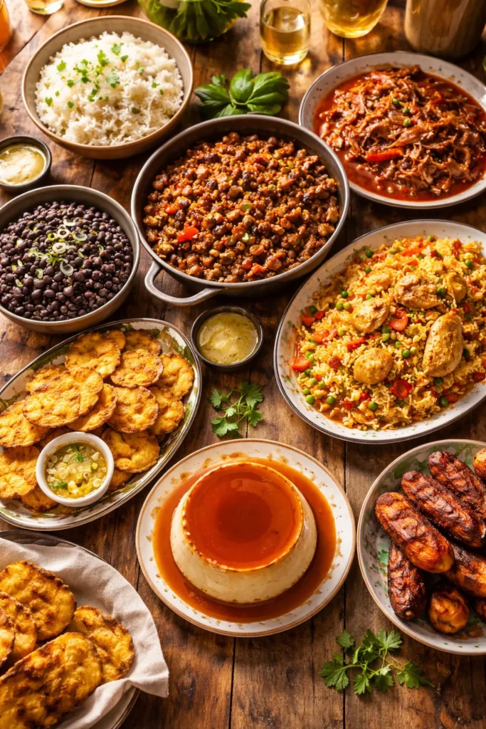 Top-down view of a complete Cuban meal on a wooden table; rice, beans, picadillo, tostones, ropa vieja, arroz con pollo, maduros, flan