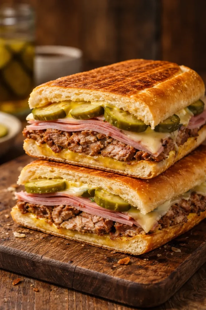 Cuban sandwich cross-section with roast pork, ham, Swiss cheese, pickles on a pressed roll