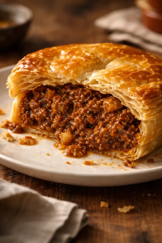 Cross-section view of curry-spiced beef mince pie showing filling and crust