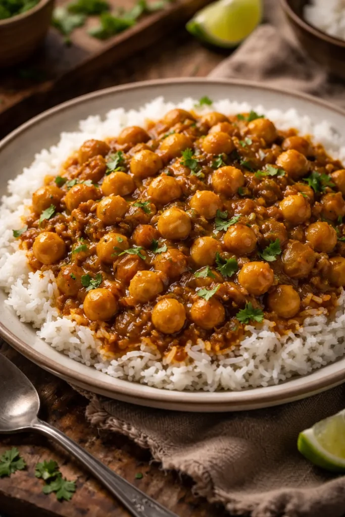 Chickpea curry with rice on plate