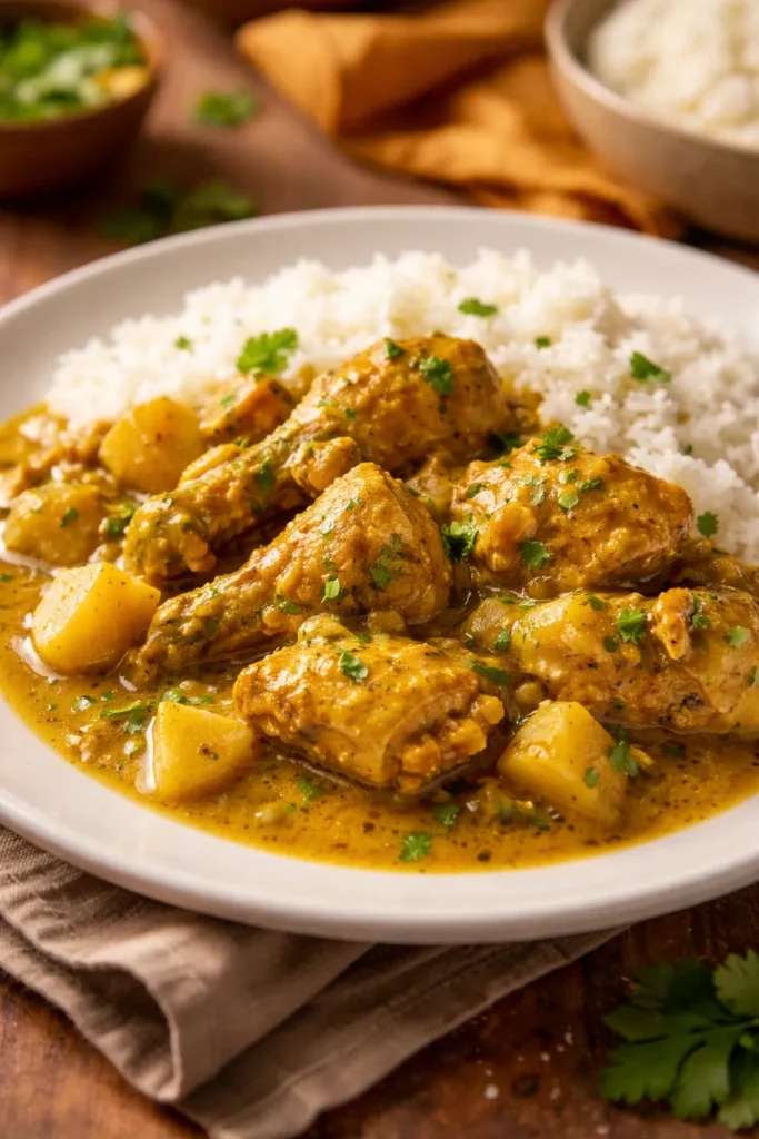 Curry chicken with coconut milk and jasmine rice on plate