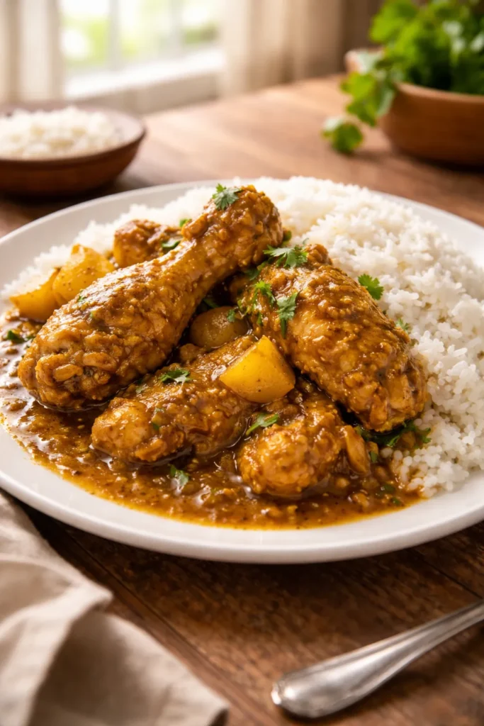 Close-up of Classic Trinidad Curry Chicken with Steamed White Rice on a plate