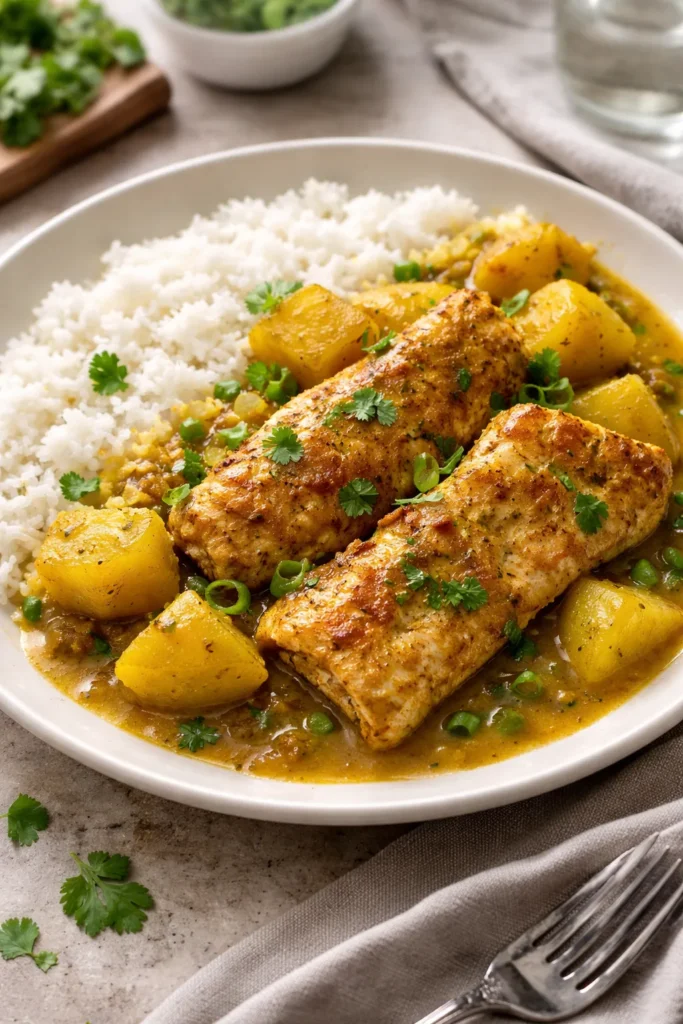 Curry fish with potatoes and rice on plate