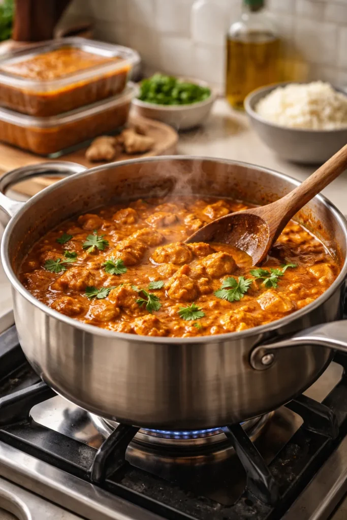 Simmering curry in a pot on the stove ready for reheating