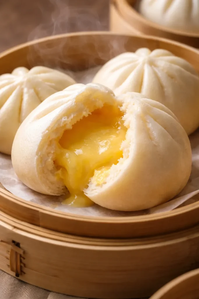 Open custard cream bao showing pale custard filling