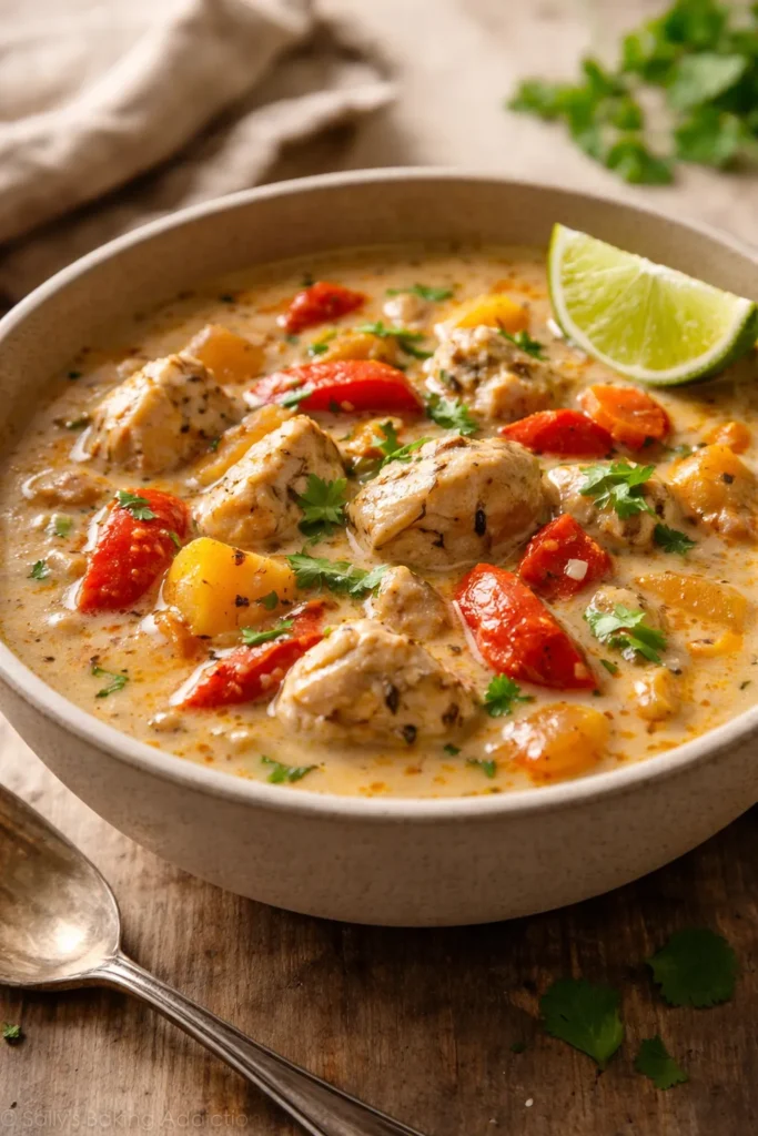 Dairy-free creamy chicken stew with coconut milk in a bowl