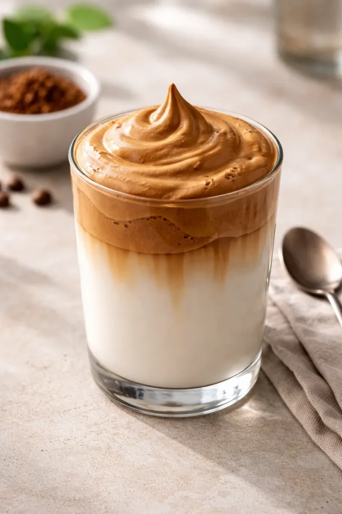 Two-tone whipped coffee foam atop milk in a glass
