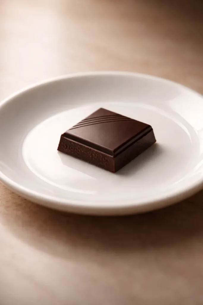 Single piece of dark chocolate on a small plate with soft lighting.