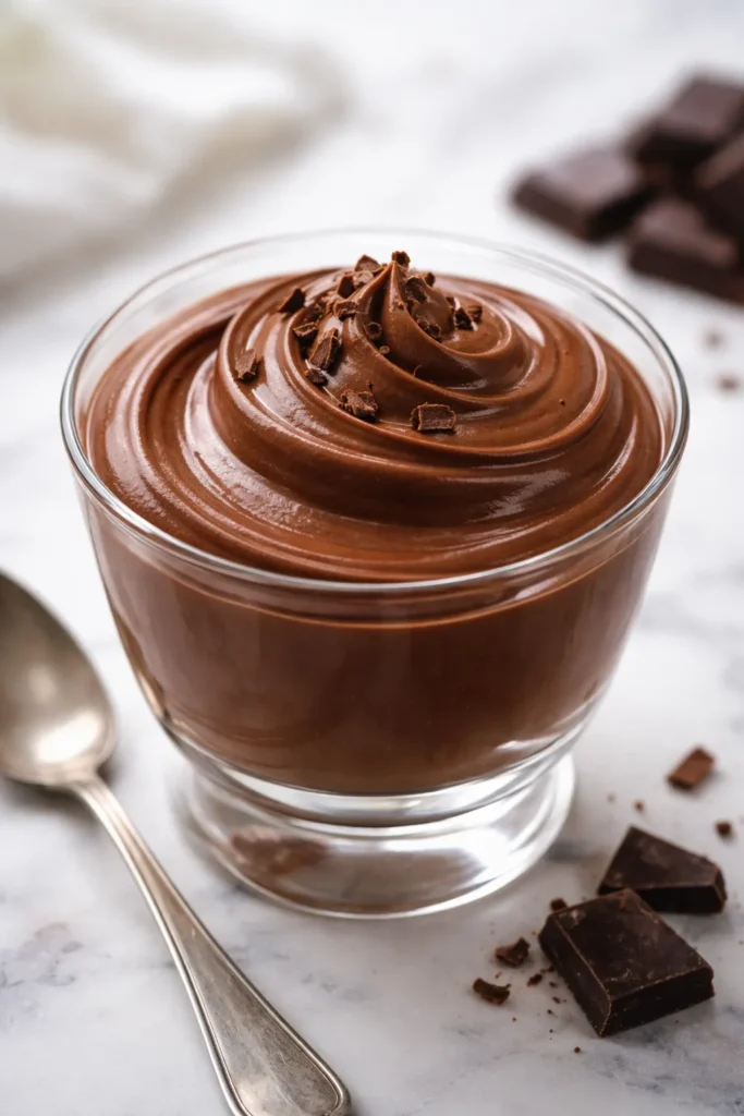Glossy dark chocolate mousse in a glass cup, rich texture