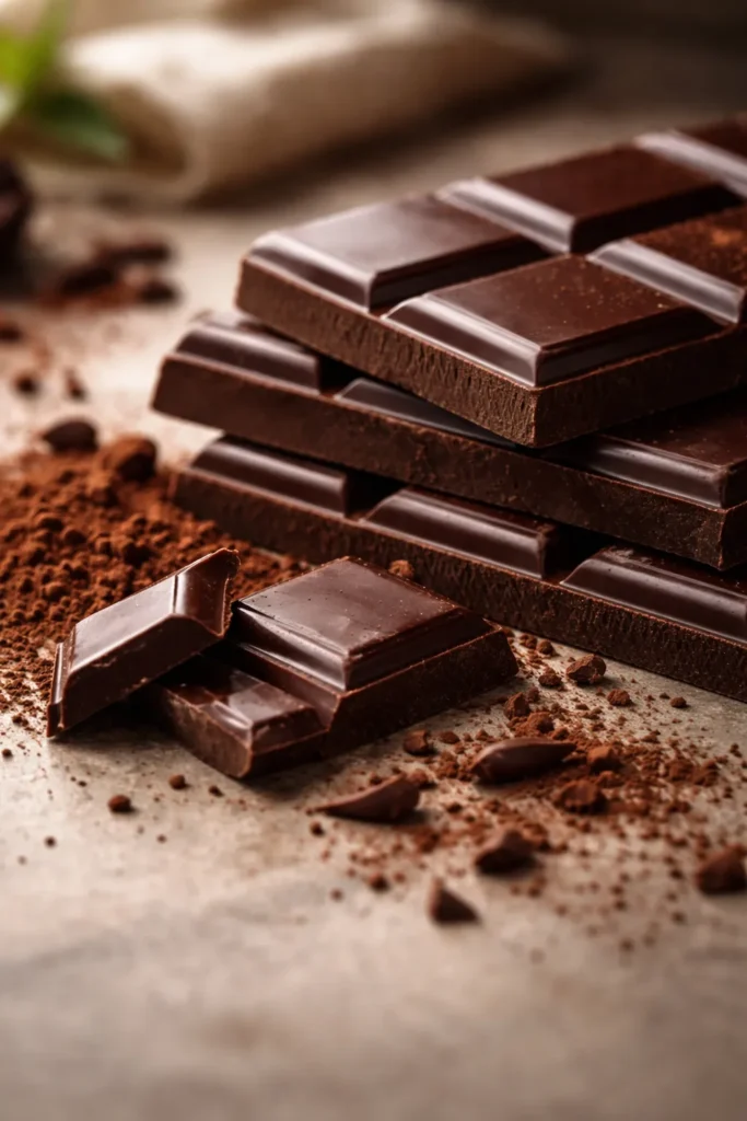 Close-up of premium dark chocolate bars and cocoa powder on a neutral surface.