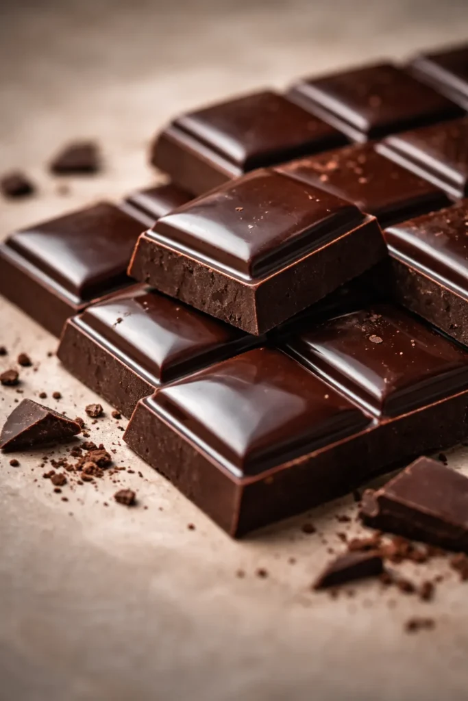 Macro close-up of premium dark chocolate blocks showing texture
