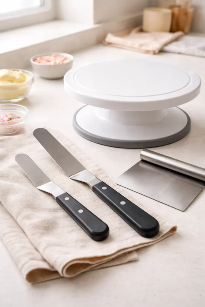 Close-up of offset spatulas, turntable, and bench scraper on a clean counter.