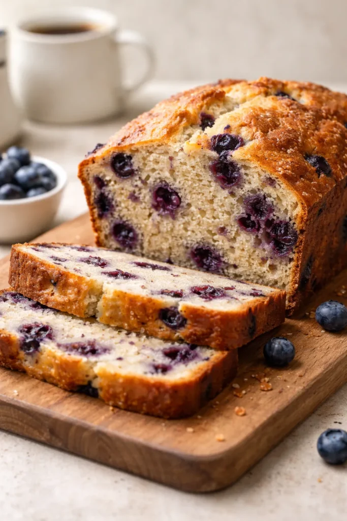 Cross-section of blueberry muffin bread showing dense crumb