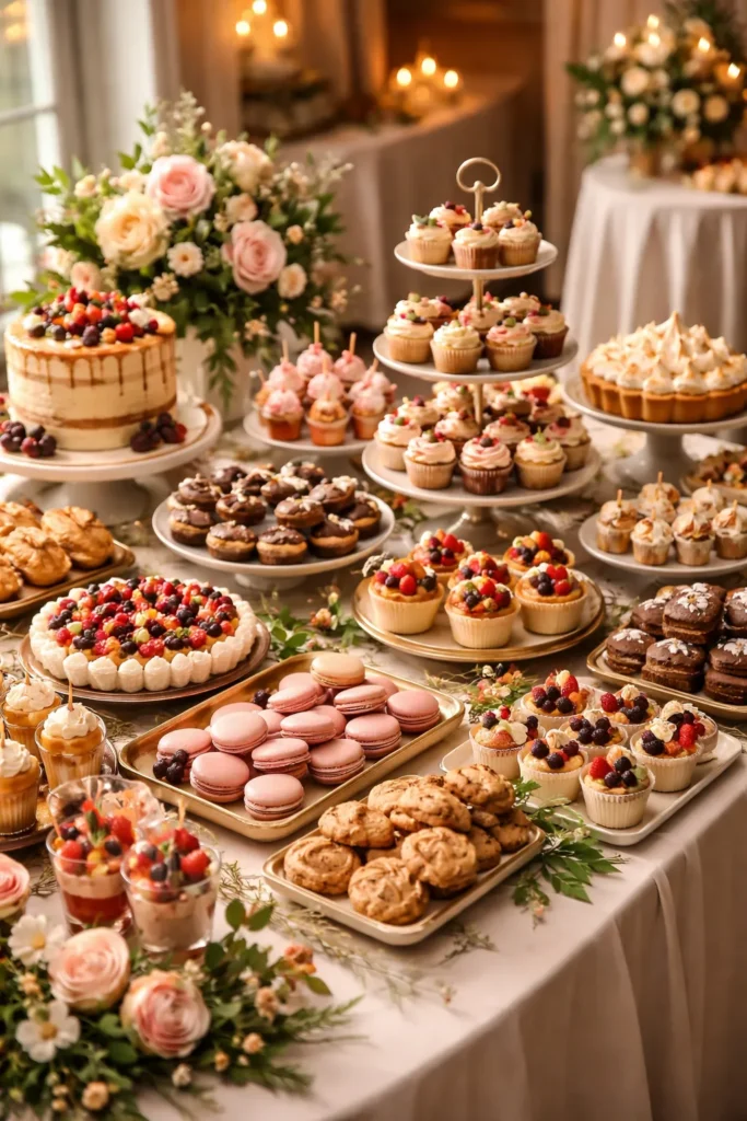 Dessert table with diverse pastries and cakes arranged on stands