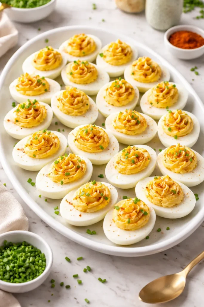 Deviled eggs arranged on a platter