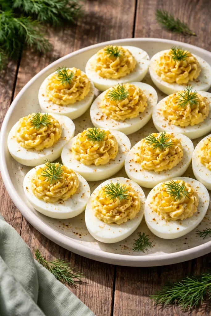Close-up of deviled eggs garnished with dill on a white plate
