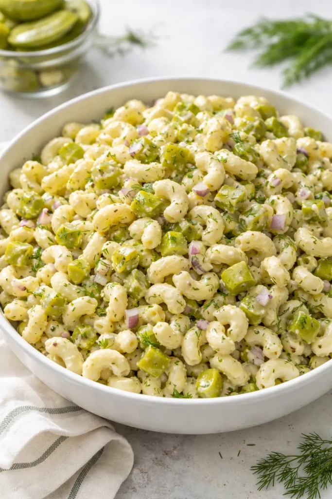 Tangy pickle macaroni salad with dill in white bowl