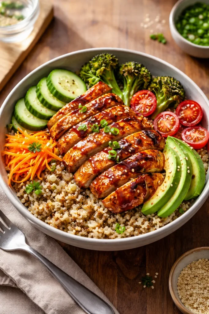 Dinner bowl with grains, protein, and glossy sauce for a hearty weeknight meal