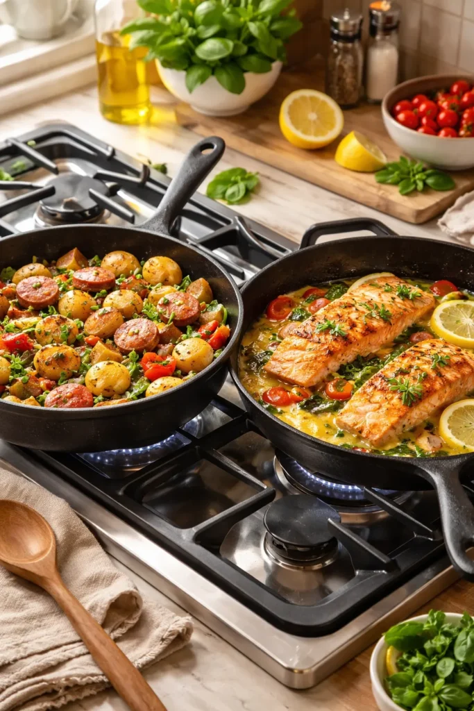Two skillet dinners on a stove representing meal planning for different weeknights