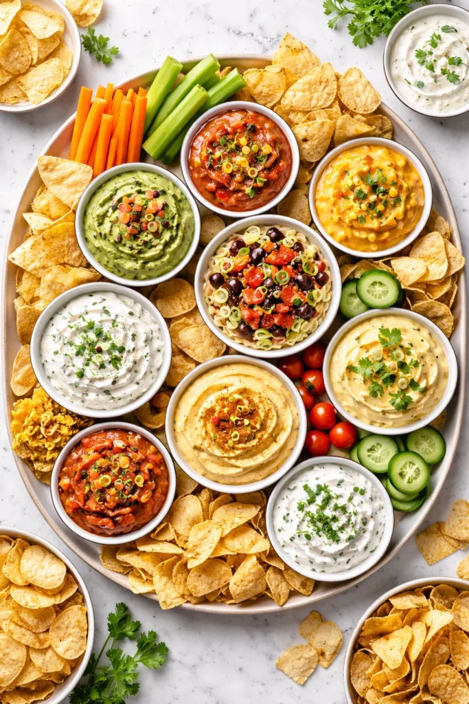 Top-down view of dip portions and chips arranged for party planning