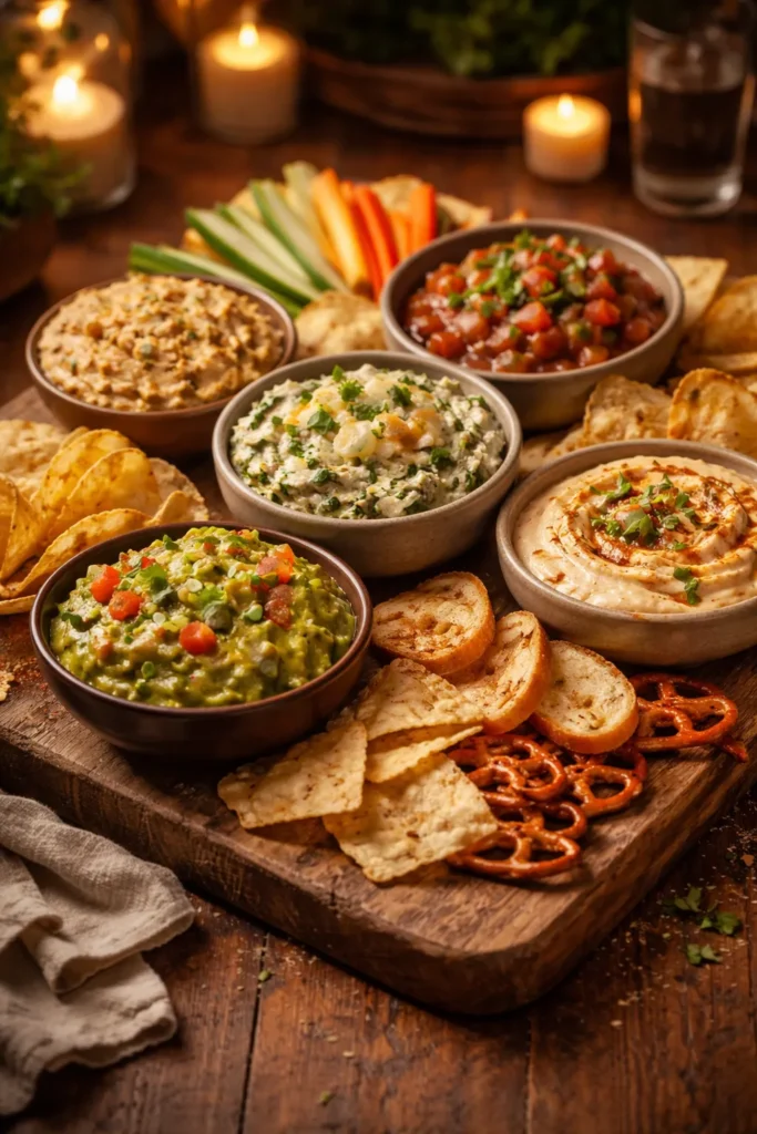 Dips and dippers arranged on a rustic serving board for party