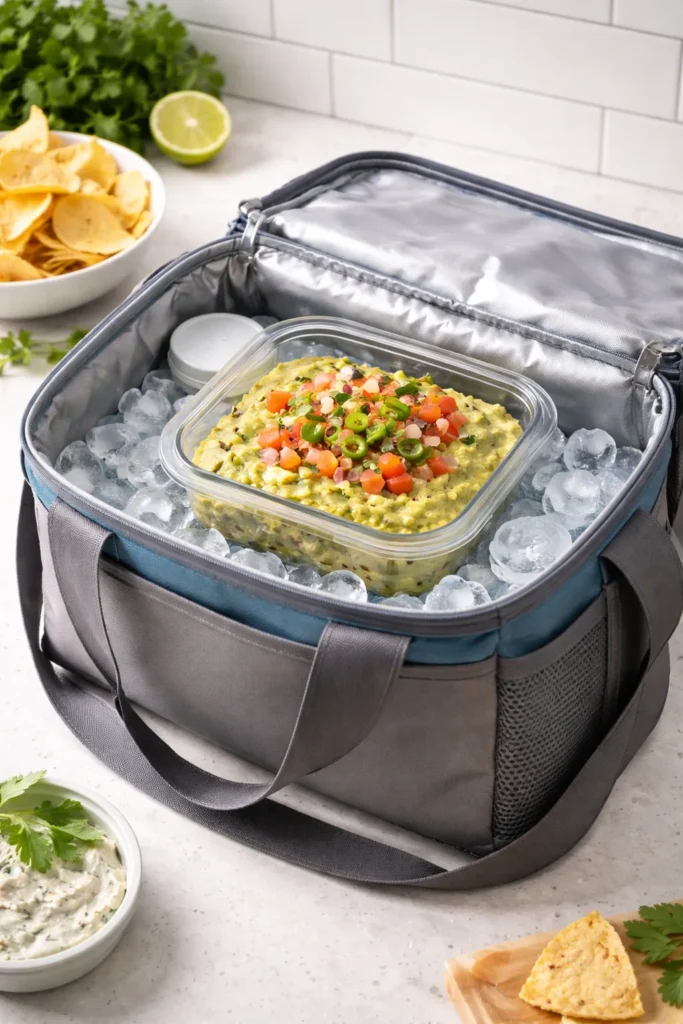 Airtight dip container inside a cooler bag with ice for transport