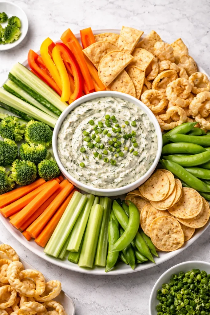 Assorted dippers around a central dip bowl on a bright kitchen counter