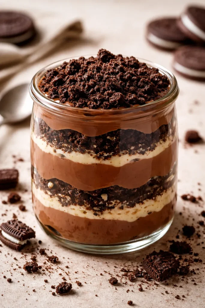 Layered dirt dessert in a glass jar with Oreo crumb topping