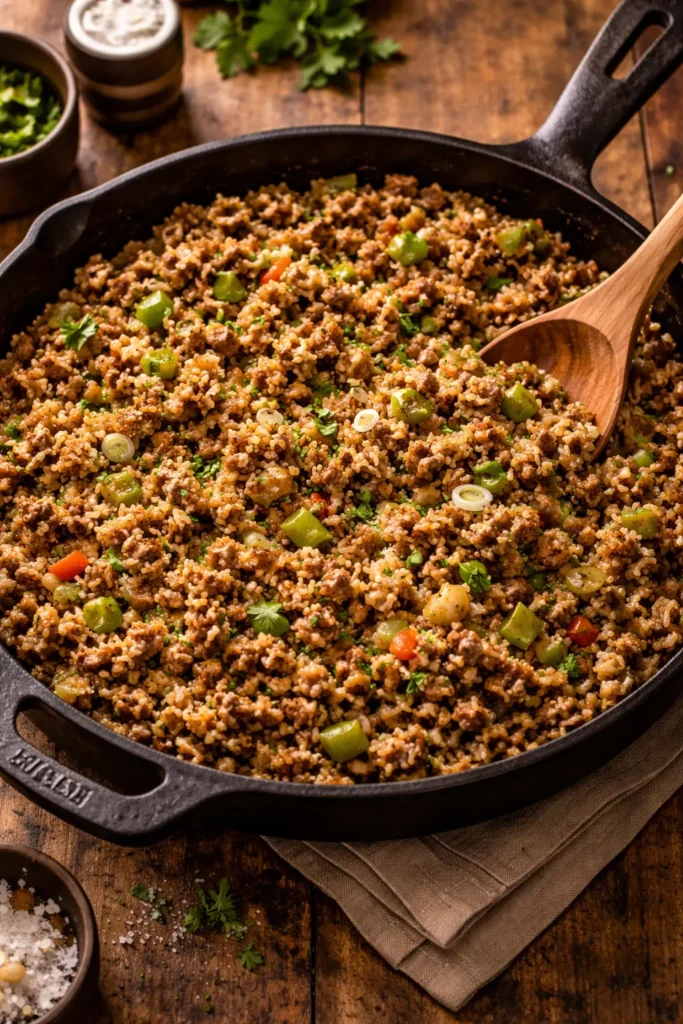 Skillet of dirty rice with ground beef