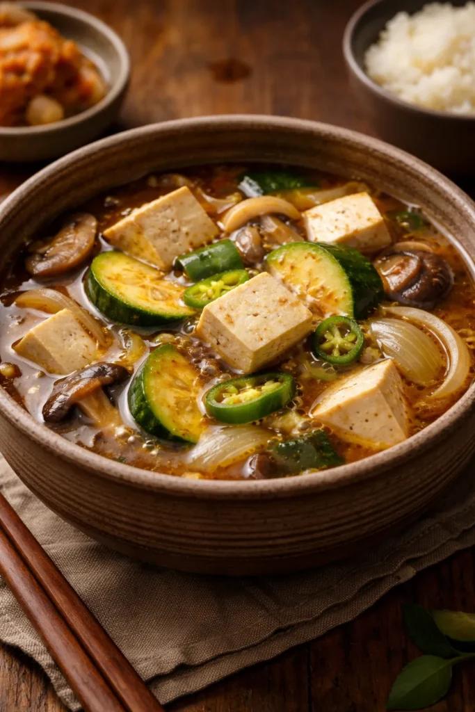 Doenjang jjigae stew with tofu and vegetables