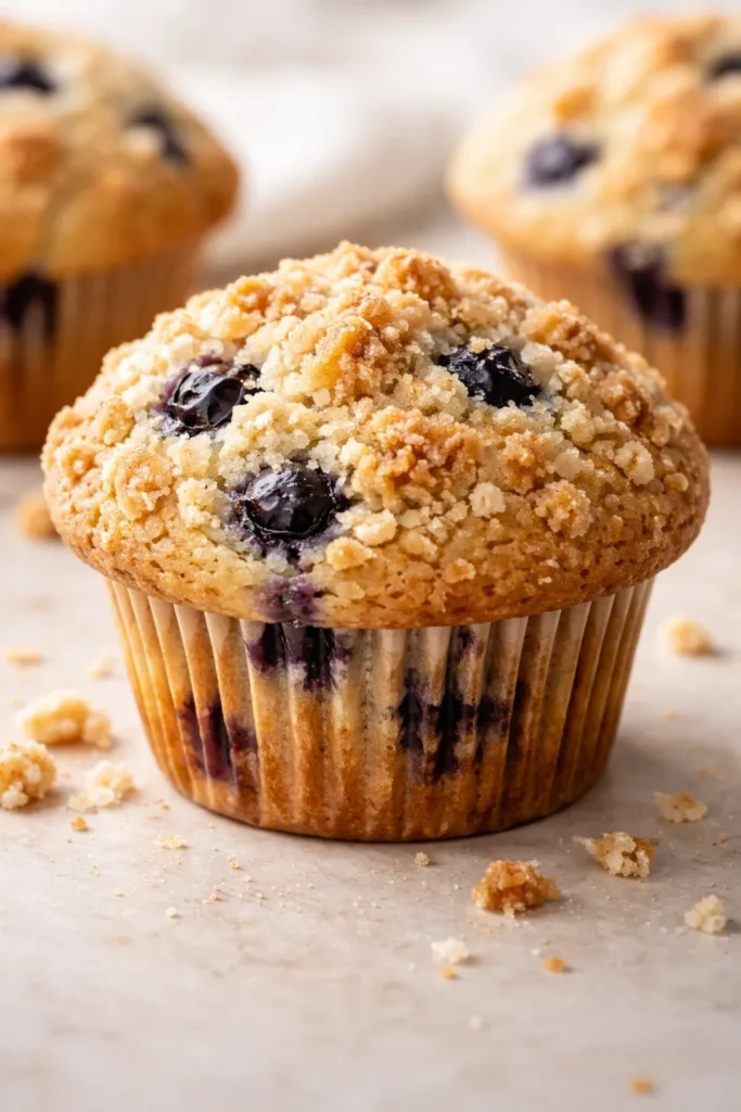 Close-up of a muffin with a tall domed top and crackly crust.