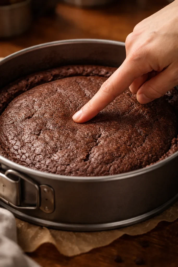 Hand pressing the cake surface to test doneness, with visible pan edge and matte top
