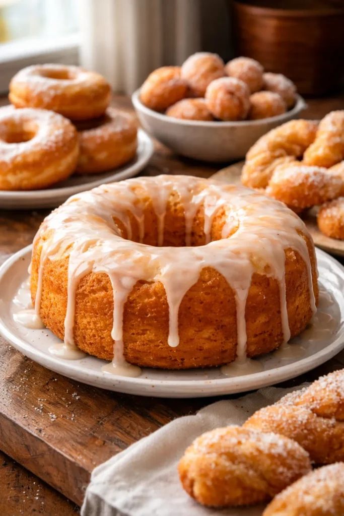 Glazed donut cake on a plate with a glossy finish.