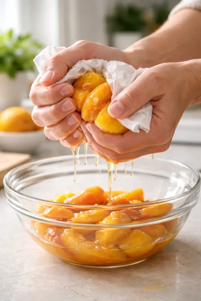 Hands squeezing liquid from frozen peaches using paper towels