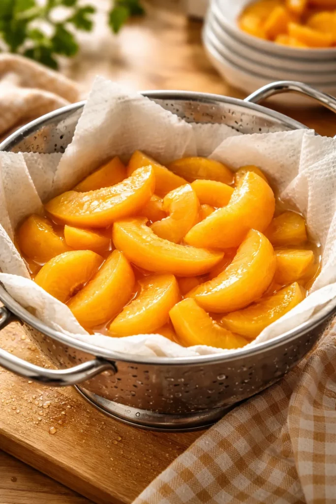 Drained peaches in a colander with towels soaking moisture