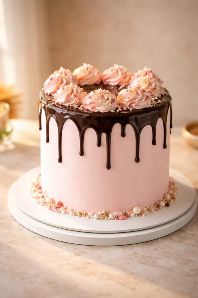 Drip cake on board with glossy ganache drip in warm light