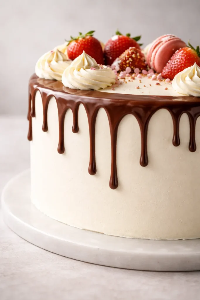 Cake with natural varied chocolate drips along the edge