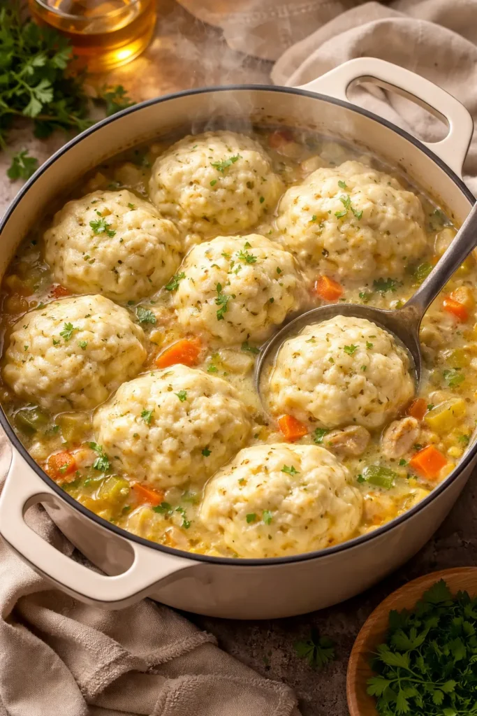 Fluffy drop dumplings floating on bubbling broth with steam