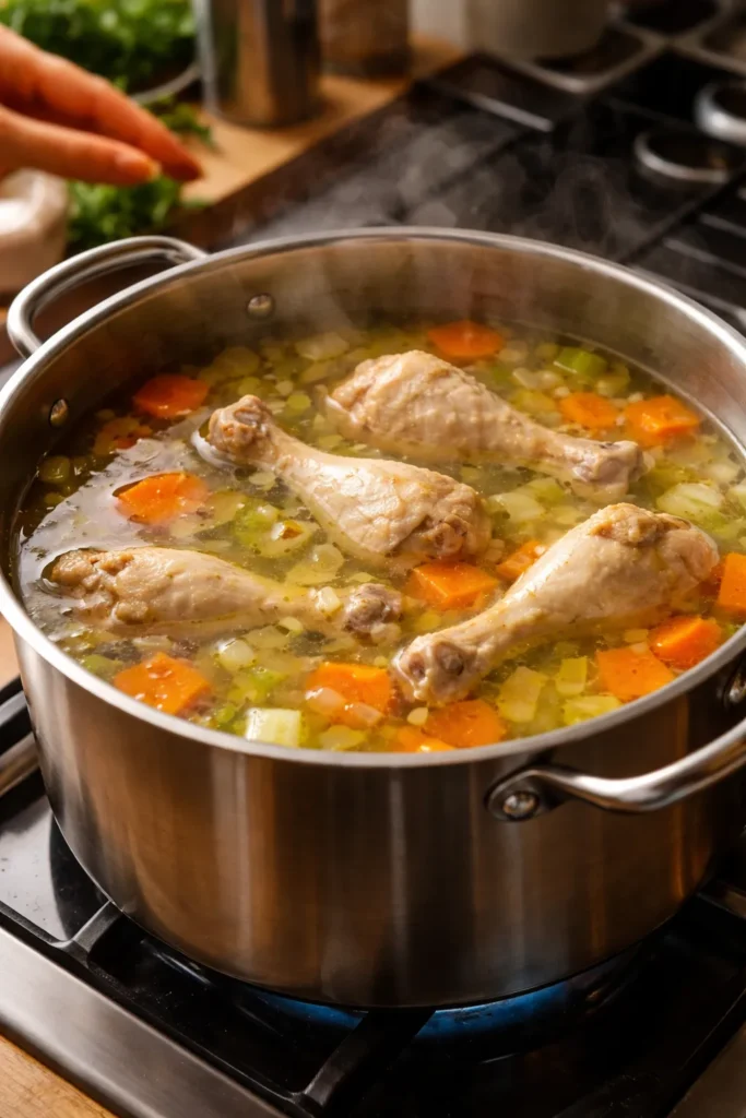 Close-up of a pot with drumsticks and carrot pieces simmering in clear broth