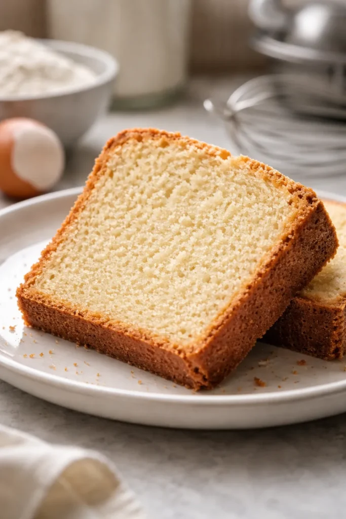 Dry pound cake slice showing dense crumb on plate