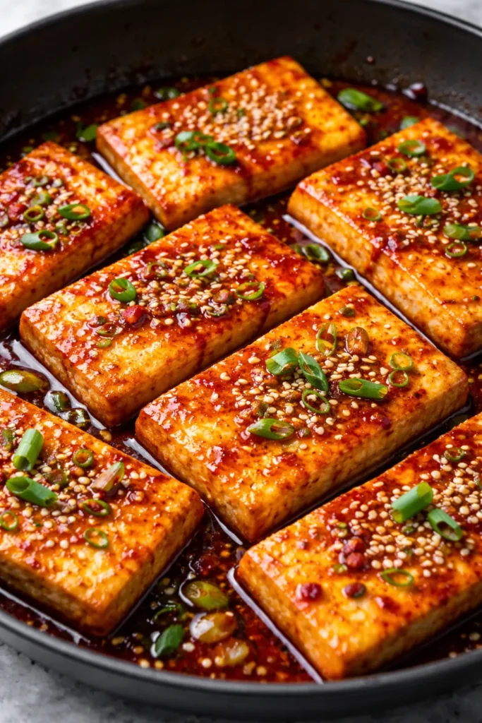 Crispy tofu in spicy glaze with sesame seeds