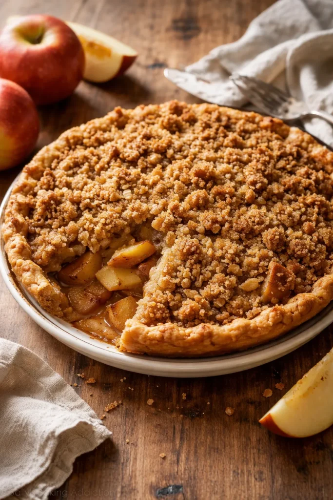 Dutch apple pie with streusel topping and visible bottom crust on wooden surface
