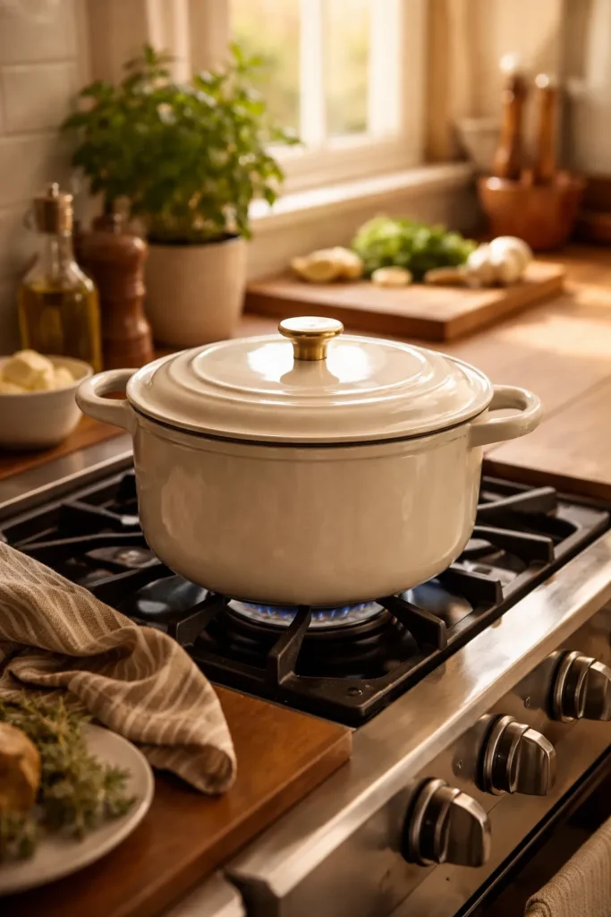 Dutch oven on stove in a cozy kitchen